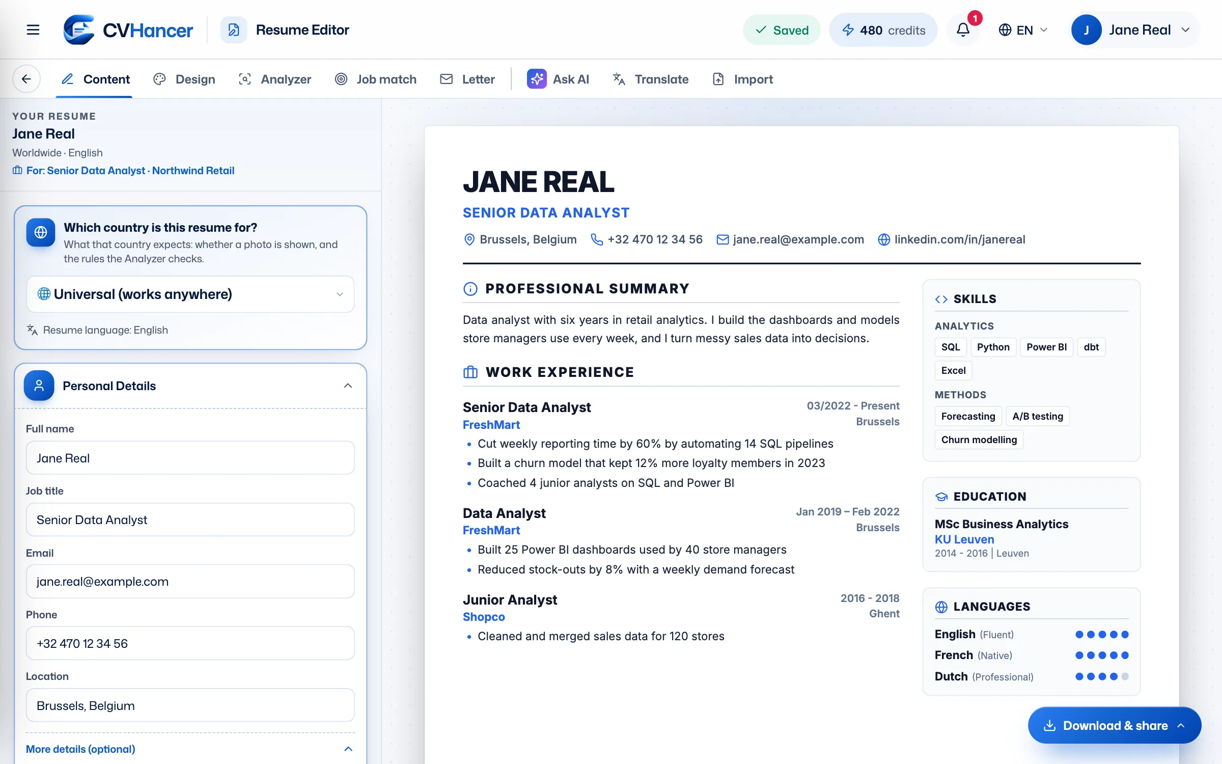 The CVHancer resume editor in dark mode