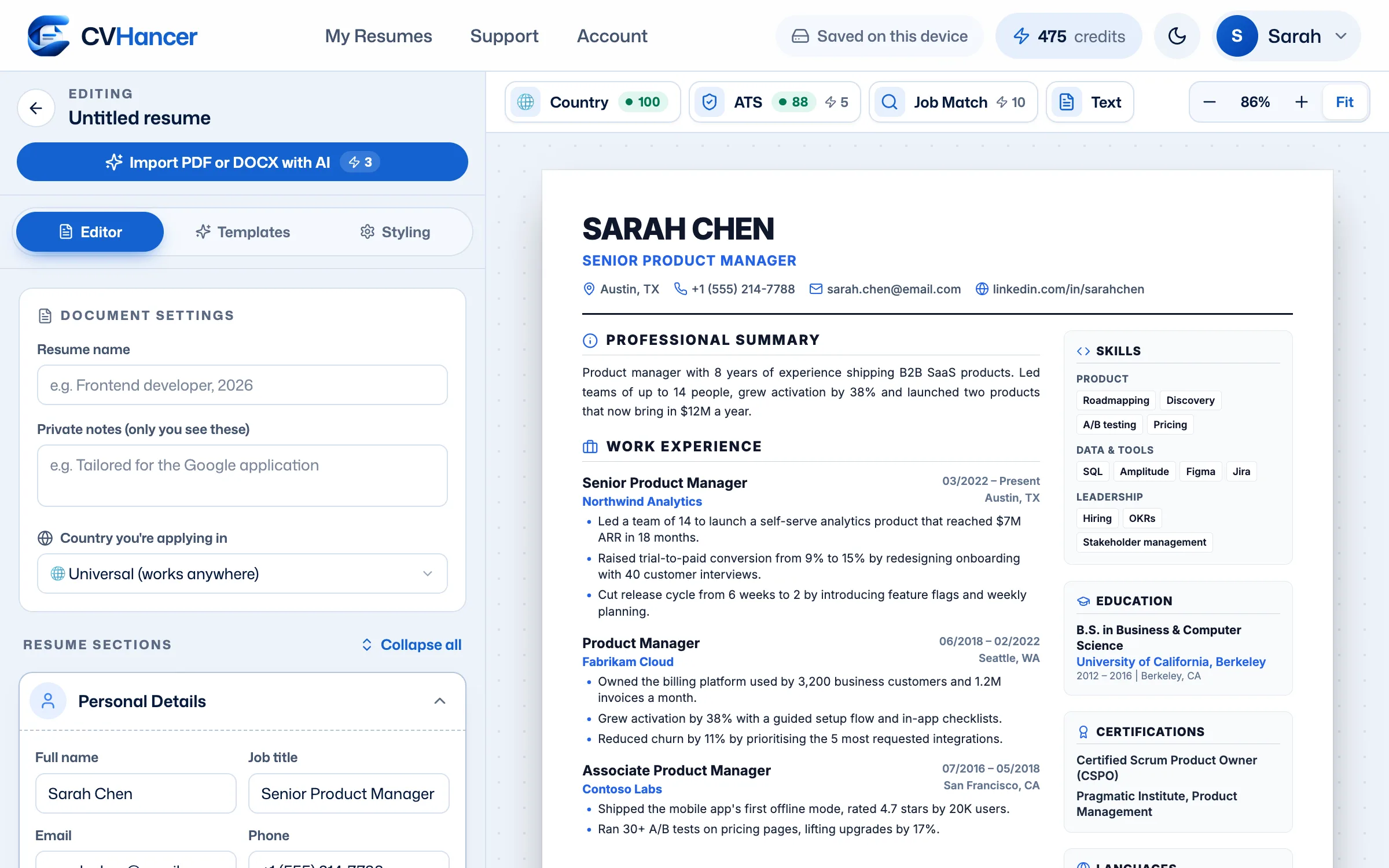 The CVHancer resume editor with editable sections on the left and a live resume preview on the right