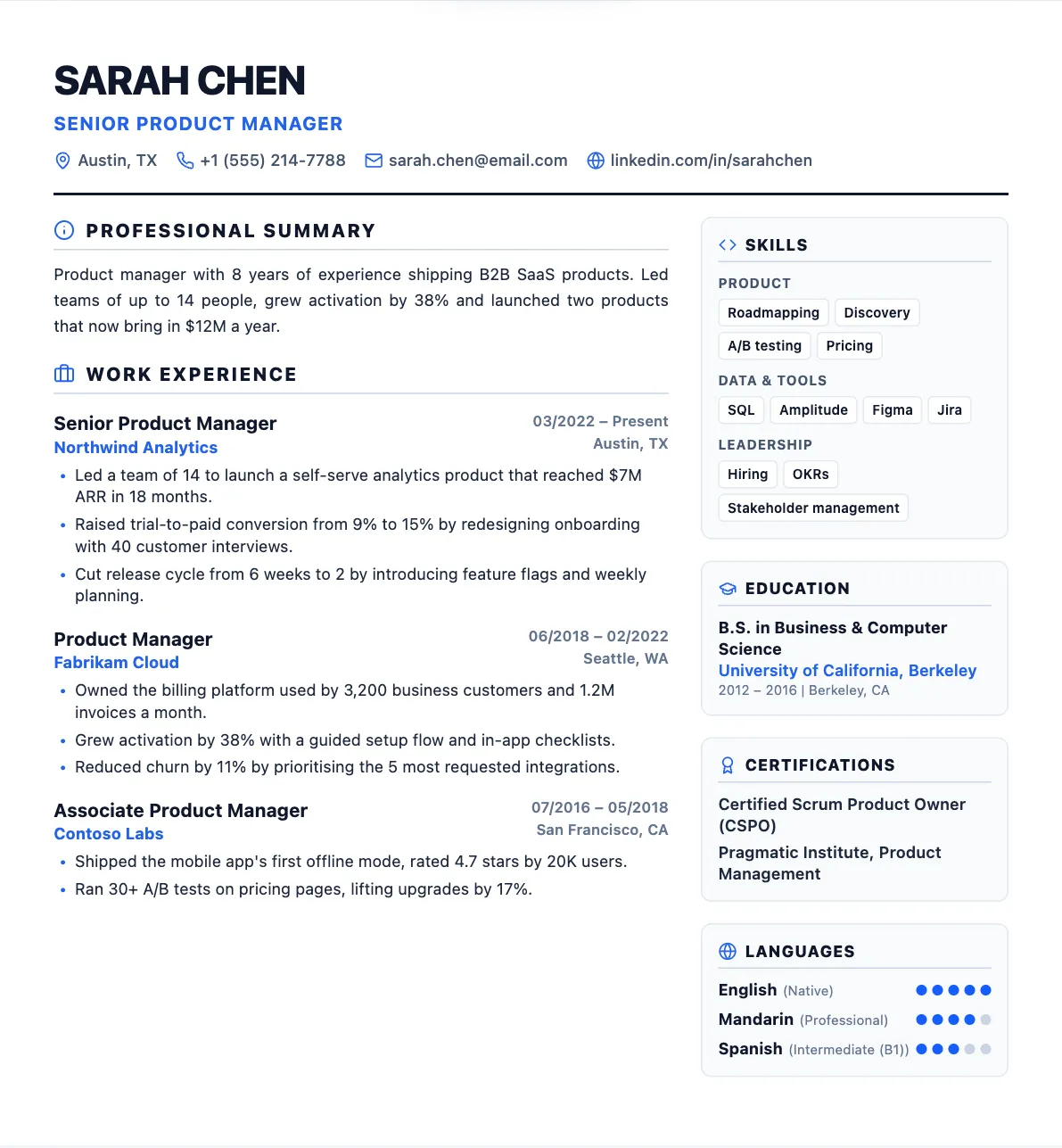 Example Canadian resume in the Canada format