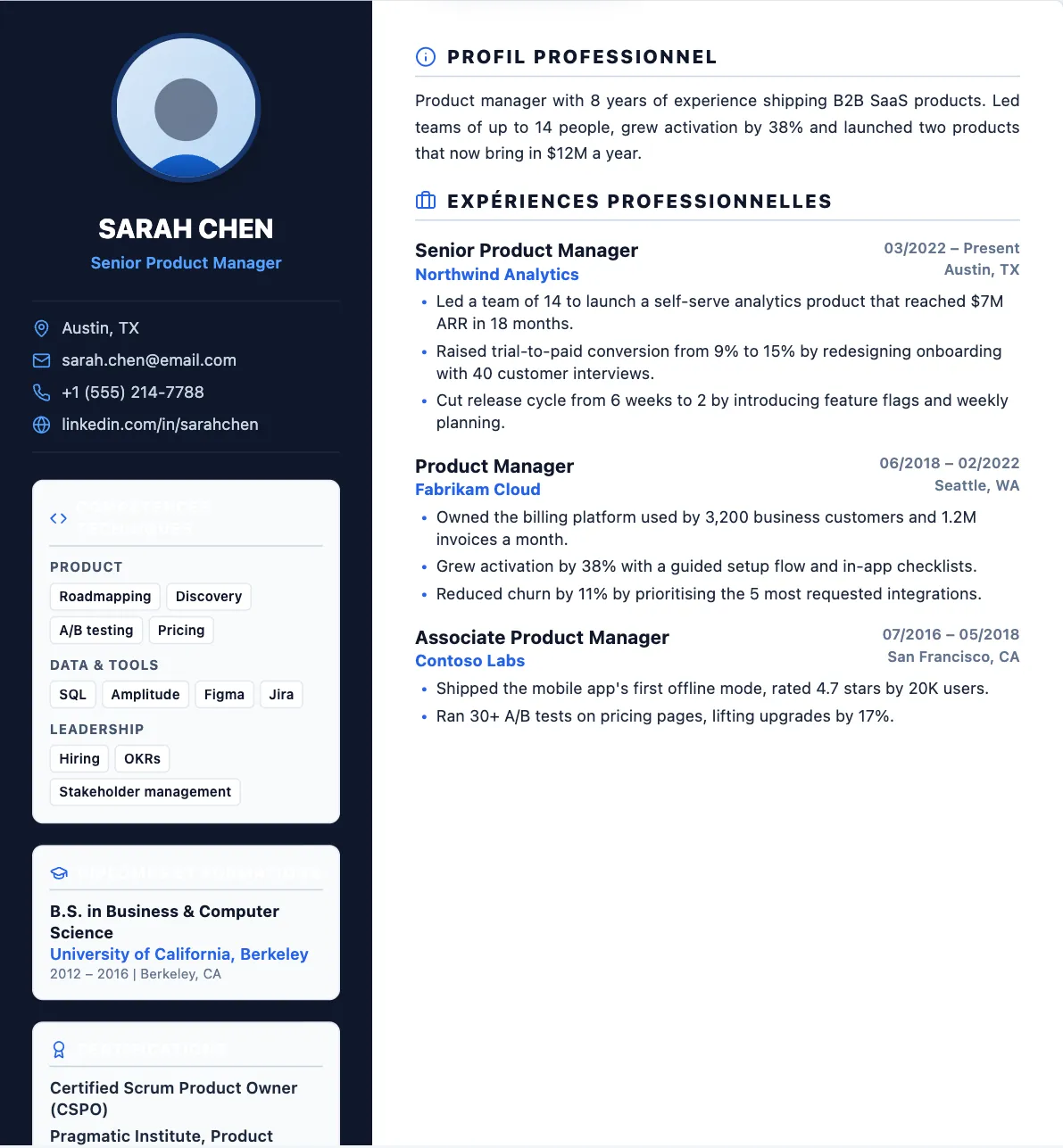 Example CV français in the France format