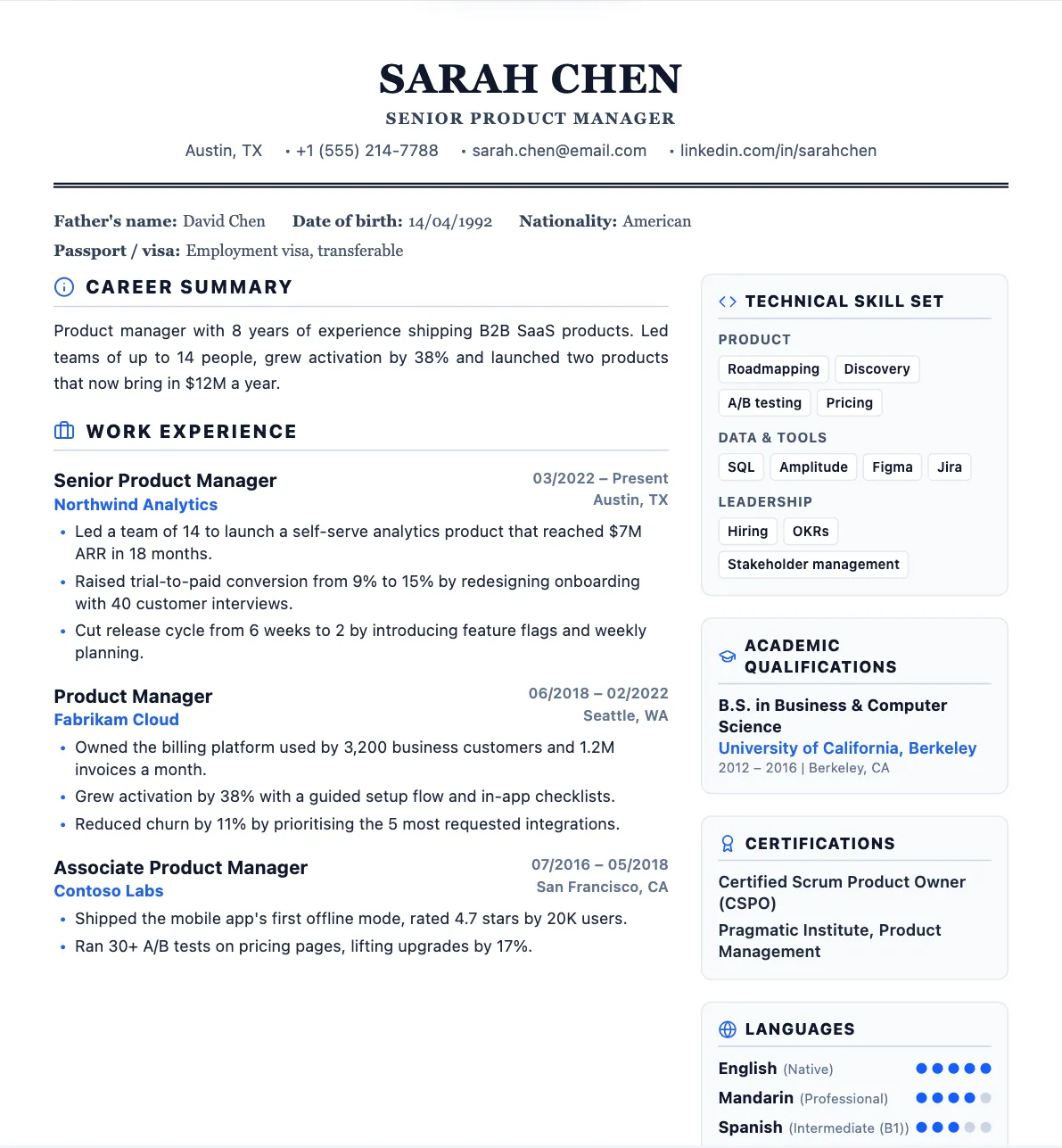 Example Indian CV in the India format