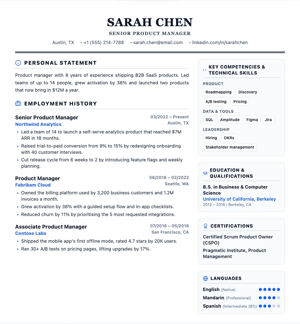 Example British CV in the United Kingdom format