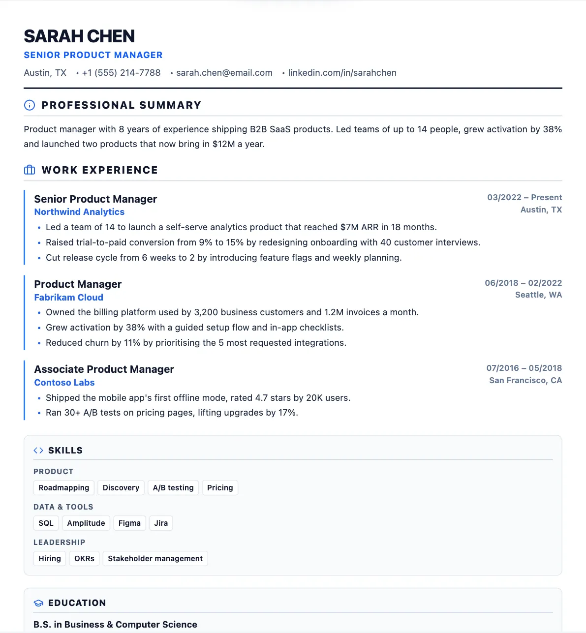 Example US resume in the United States format
