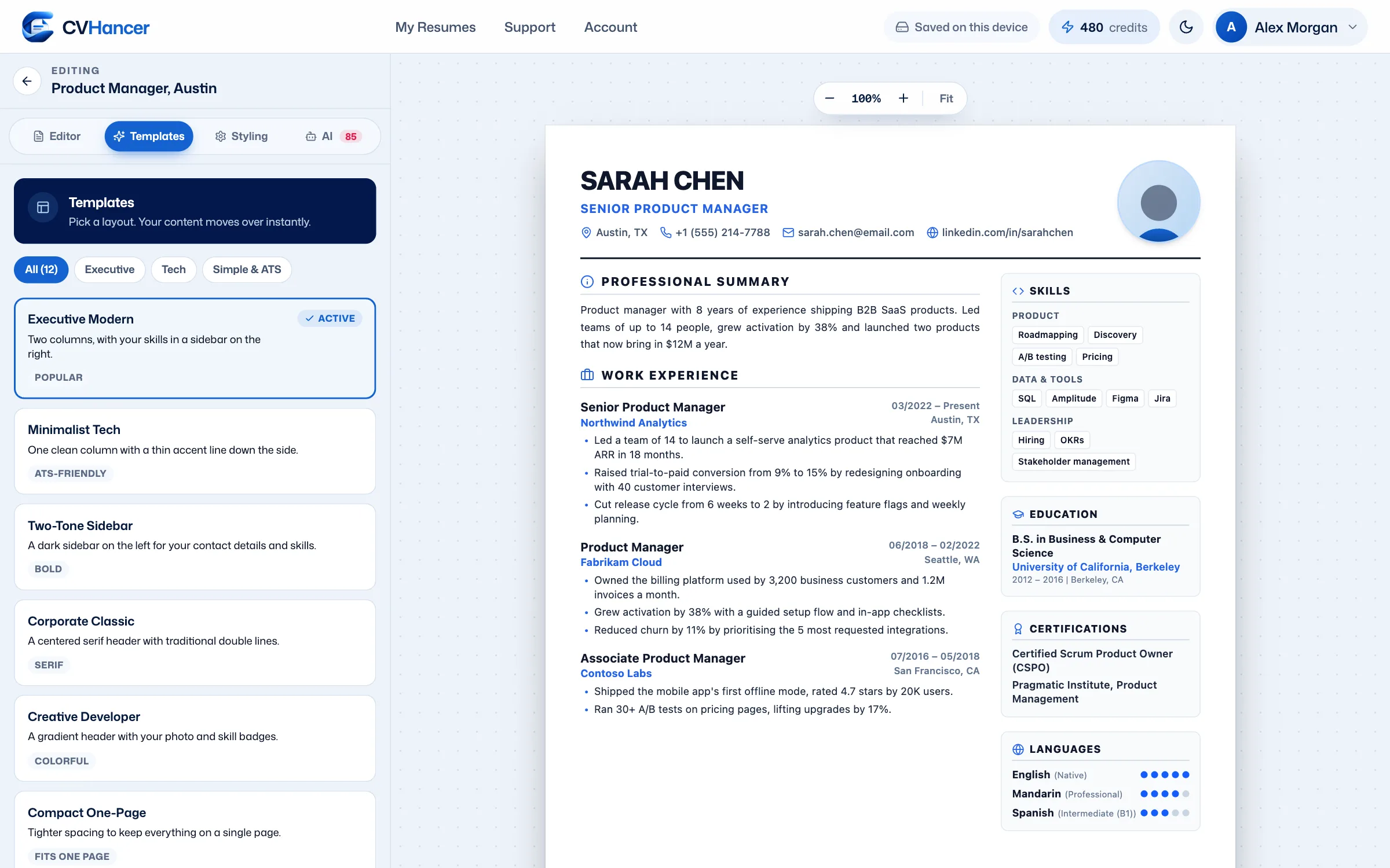 The template picker in the CVHancer editor, with the resume preview updating instantly