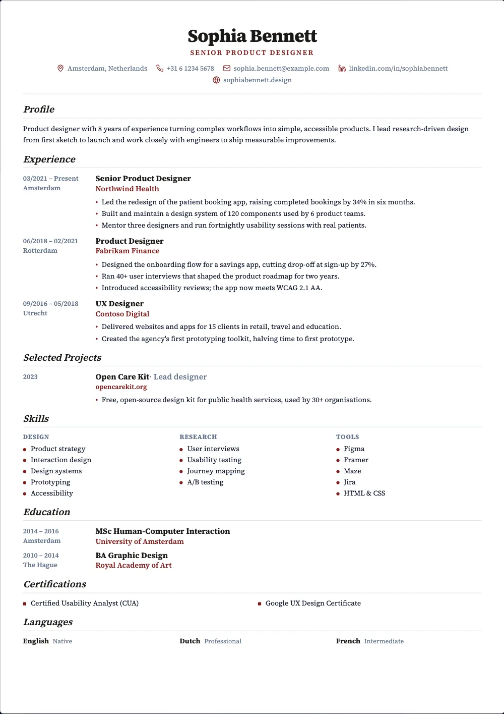 Academic & Research resume template: A serif column with the dates in the margin, for research and teaching.