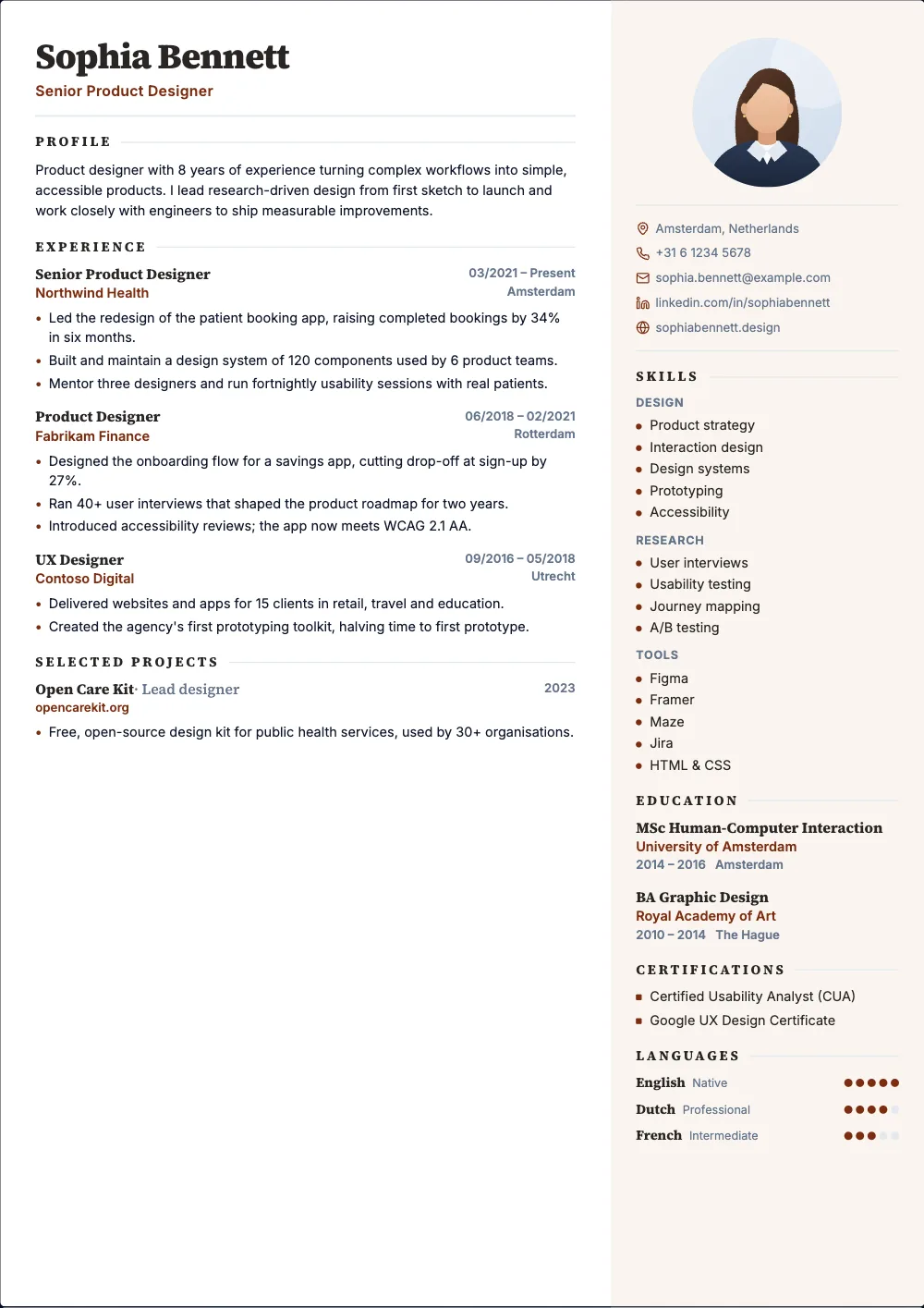 Ambassador resume template: A soft sidebar on the right and serif headings.