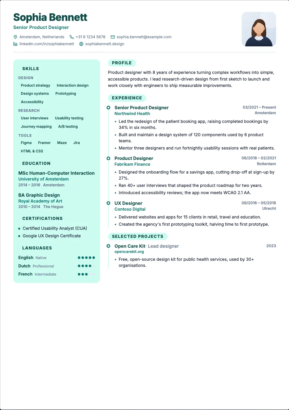 Atlas resume template: A side panel on the left and your jobs on a timeline.
