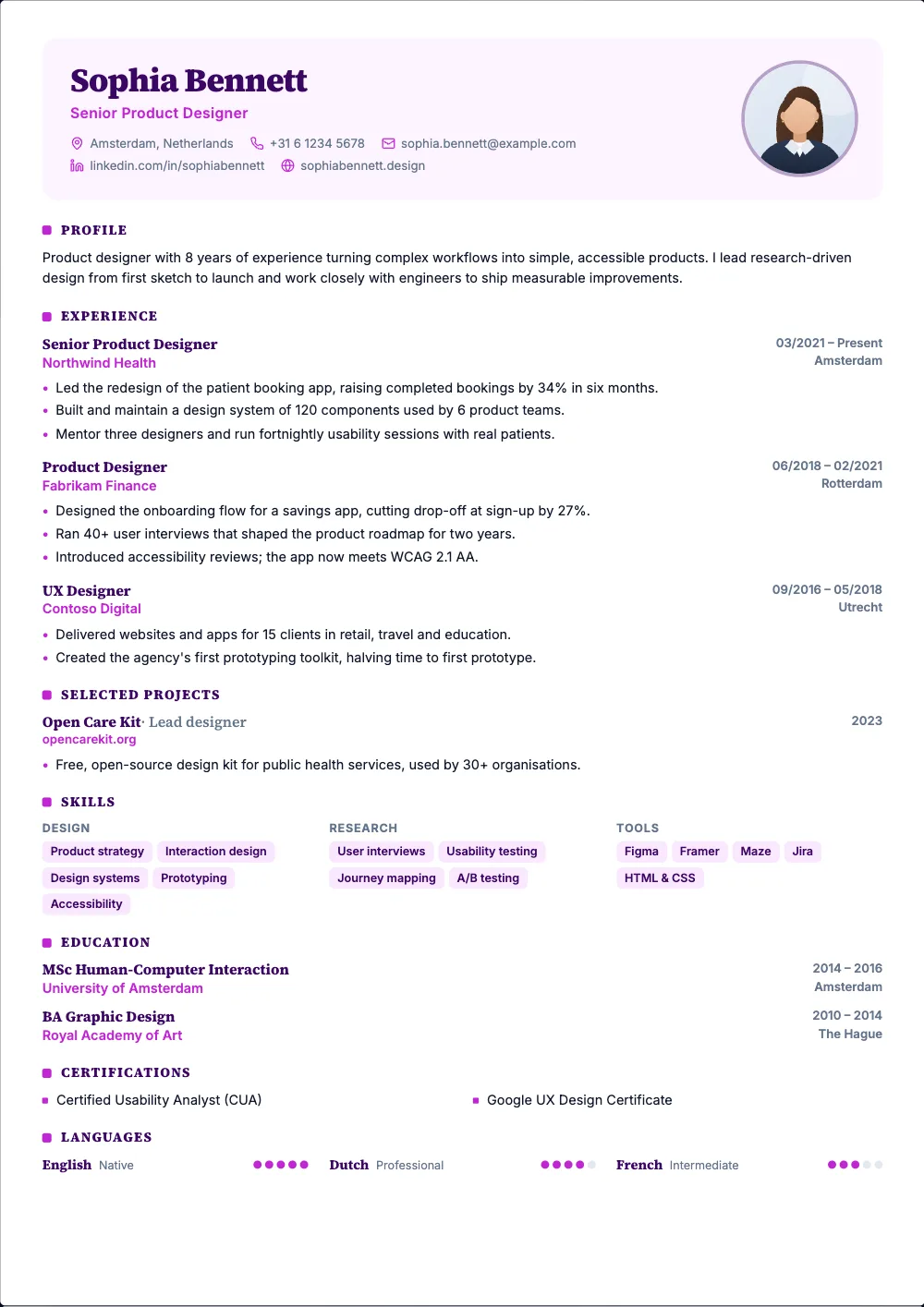 Bloom resume template: A soft colour card at the top and serif headings.