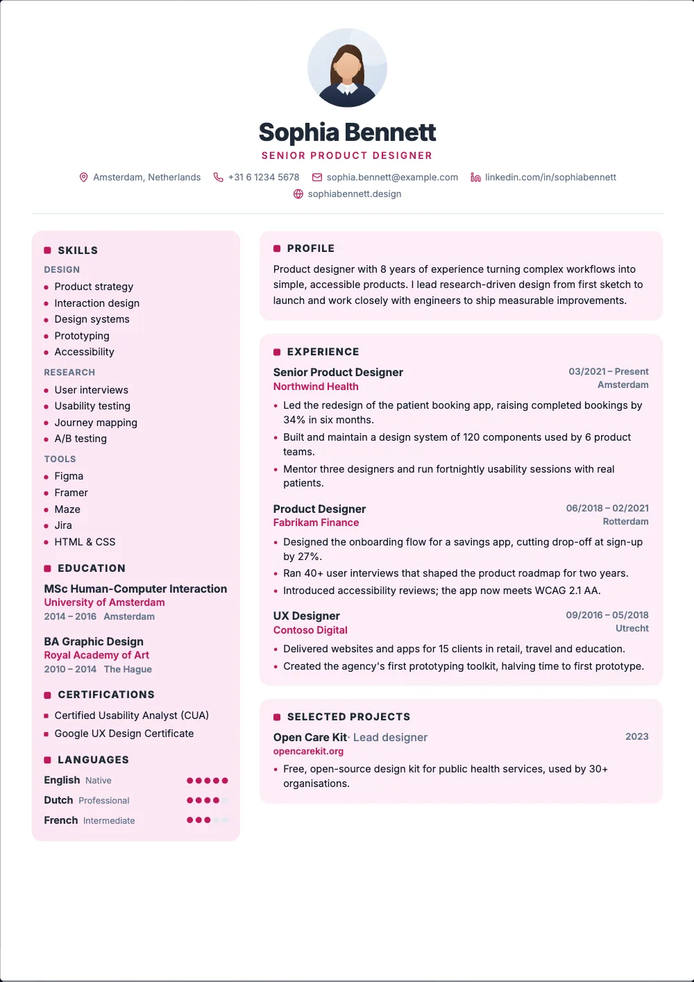 Cadence resume template: A centered header and your sections on soft cards.