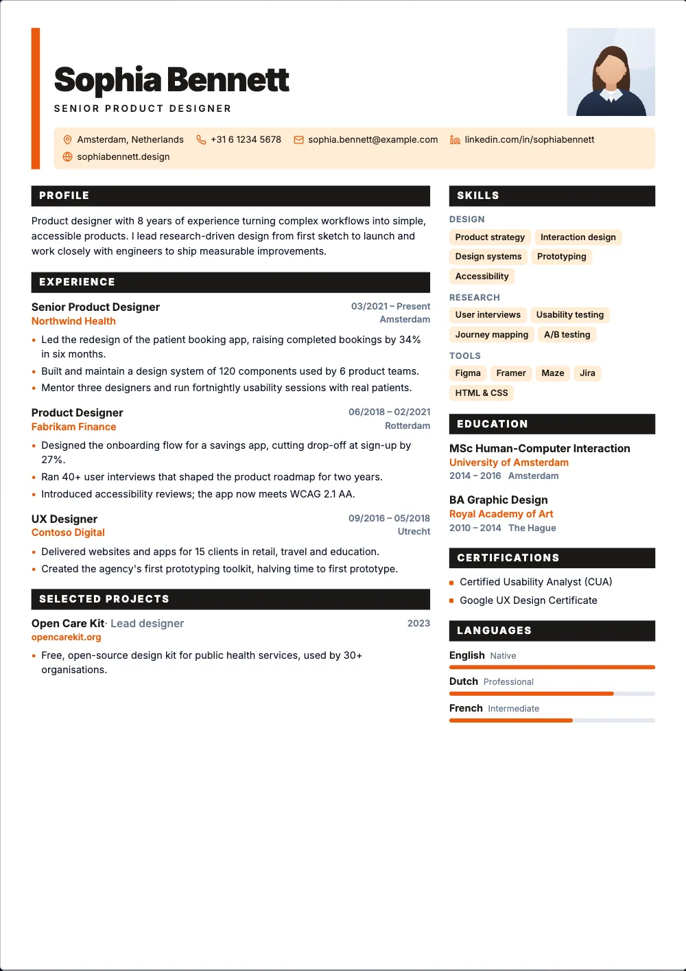 Canvas resume template: A huge name, a colour block and filled section bars.