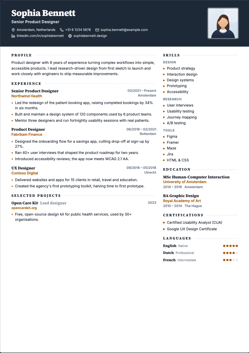 Chancellor resume template: A dark banner across the top with your photo, and serif headings.