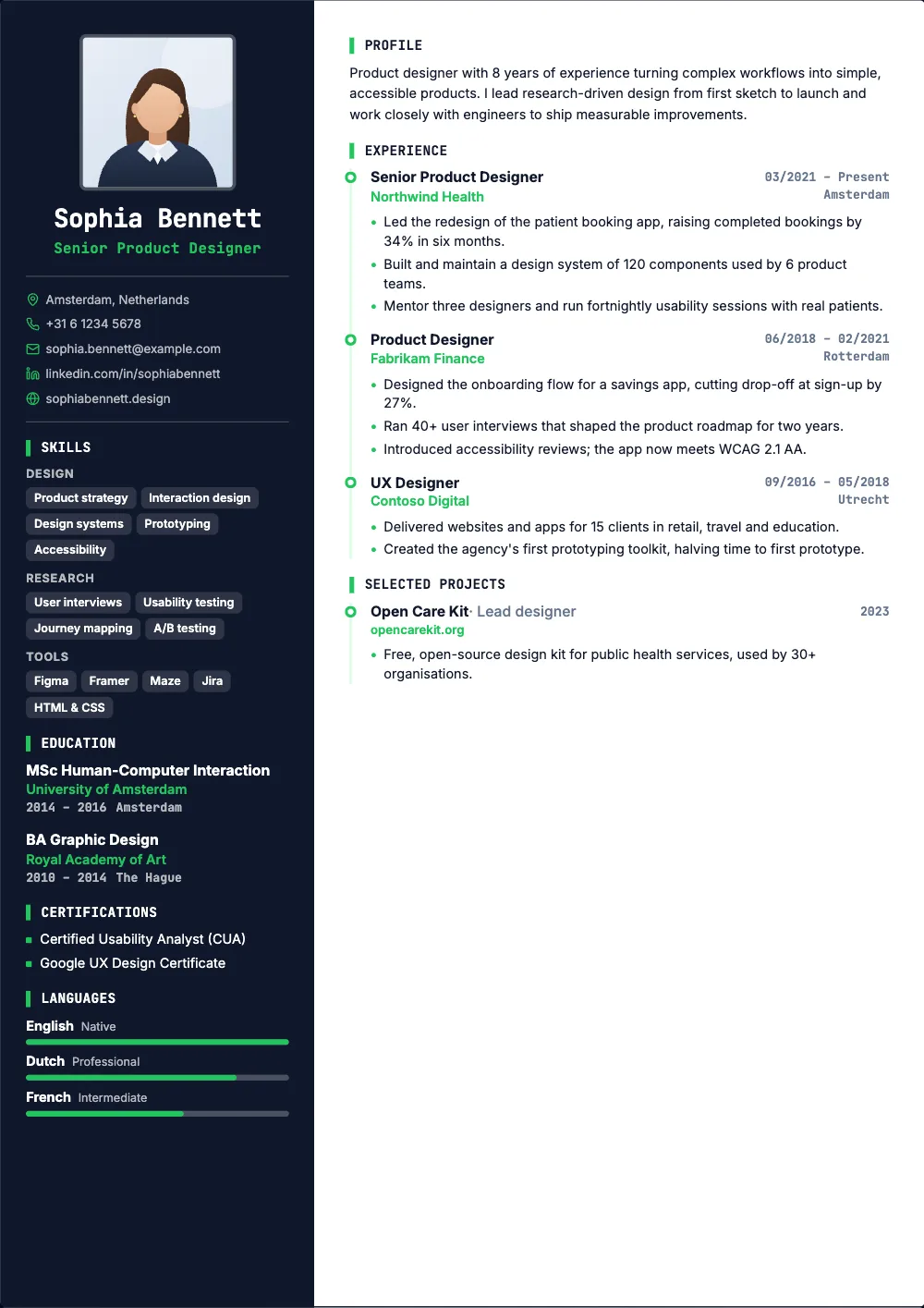 Circuit resume template: A dark sidebar, monospace headings and a timeline.