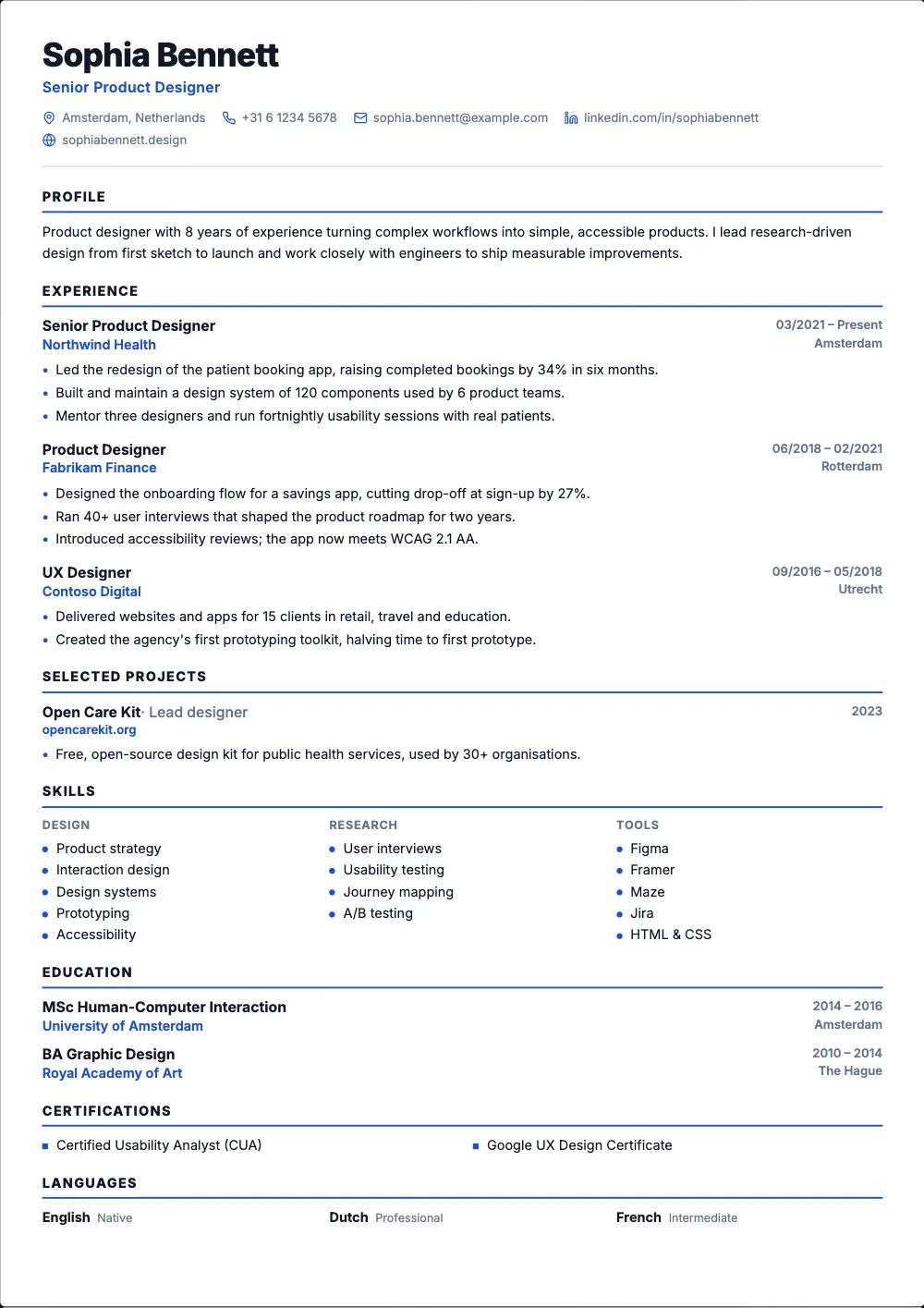 Clarity resume template: One clean column, simple rules, nothing to confuse a scanner.