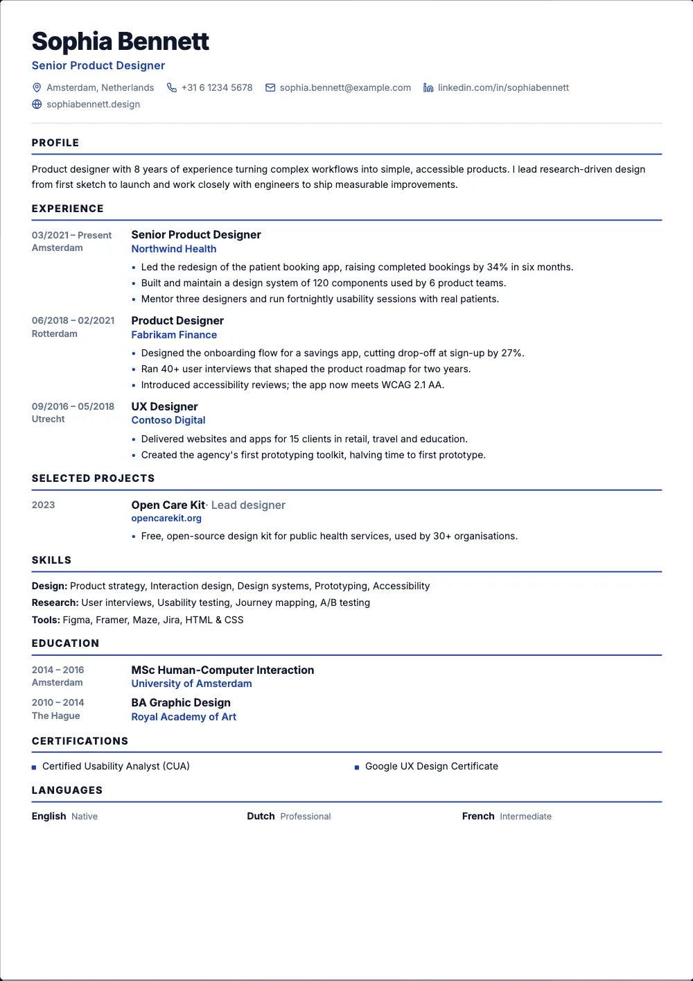 Compact One-Page resume template: Tight spacing and the dates in the margin, to keep it to one page.