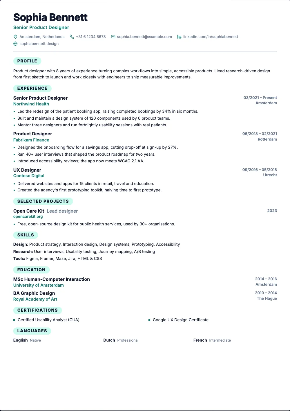 Concise resume template: One compact column with rounded section labels.