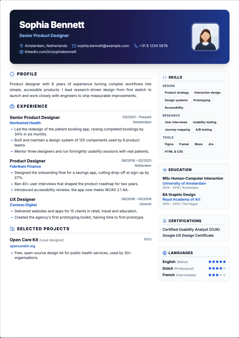 Creative Developer resume template: A gradient header with your photo and skill badges.