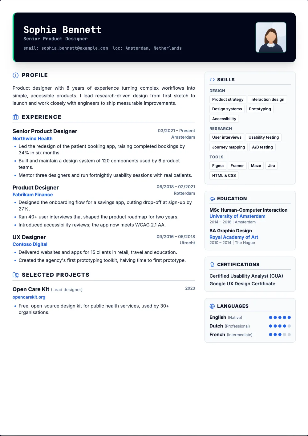 DevOps Architect resume template: A dark, terminal-style header with code-style skill badges.