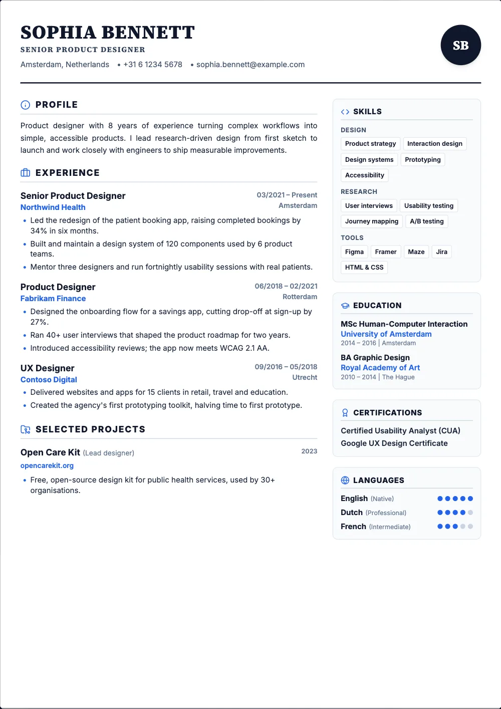 Editorial Monogram resume template: A large monogram of your initials and airy, magazine-style spacing.