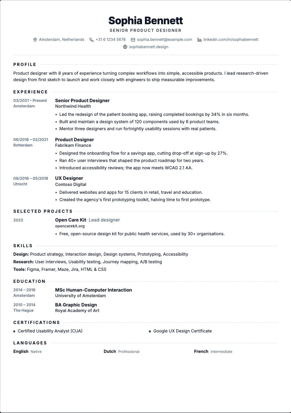 Essential resume template: One centered column with the dates in the margin.
