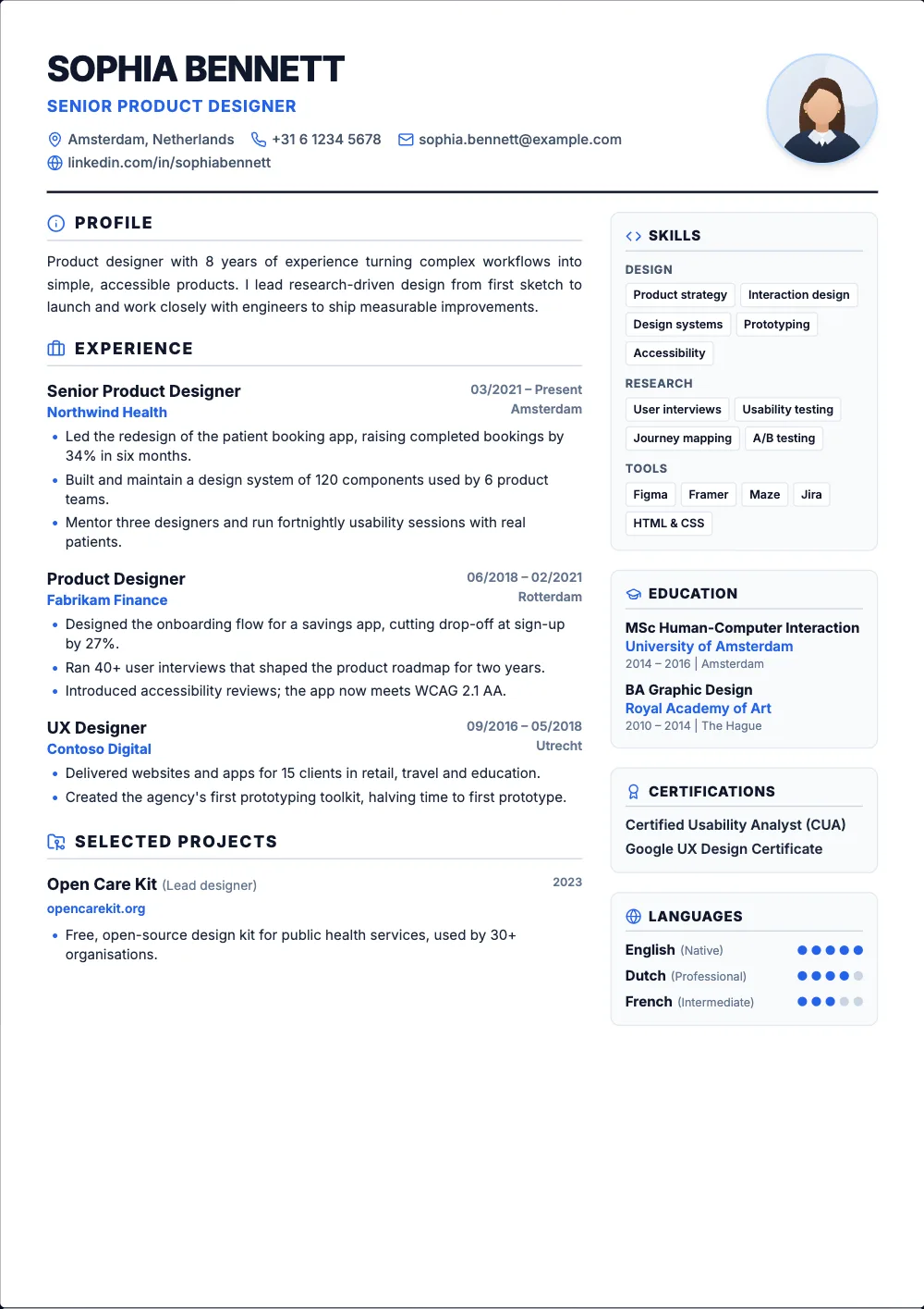 Executive Modern resume template: Two columns, with your skills in a sidebar on the right.