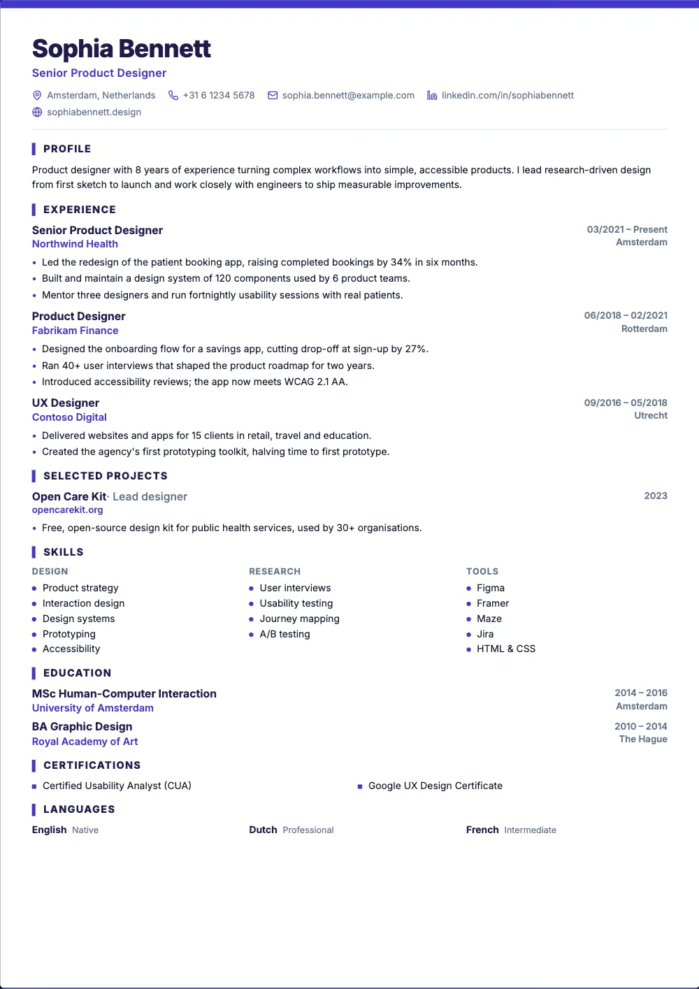 Focus resume template: One tight column under a coloured line.