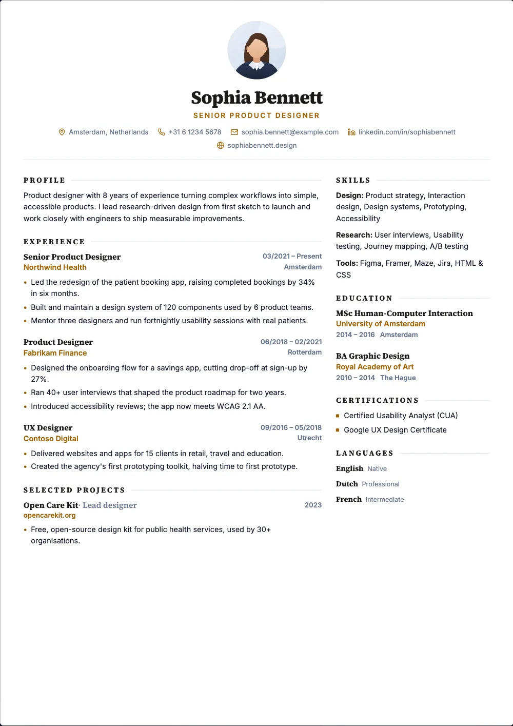 Gallery resume template: A centered serif header with plenty of white space.