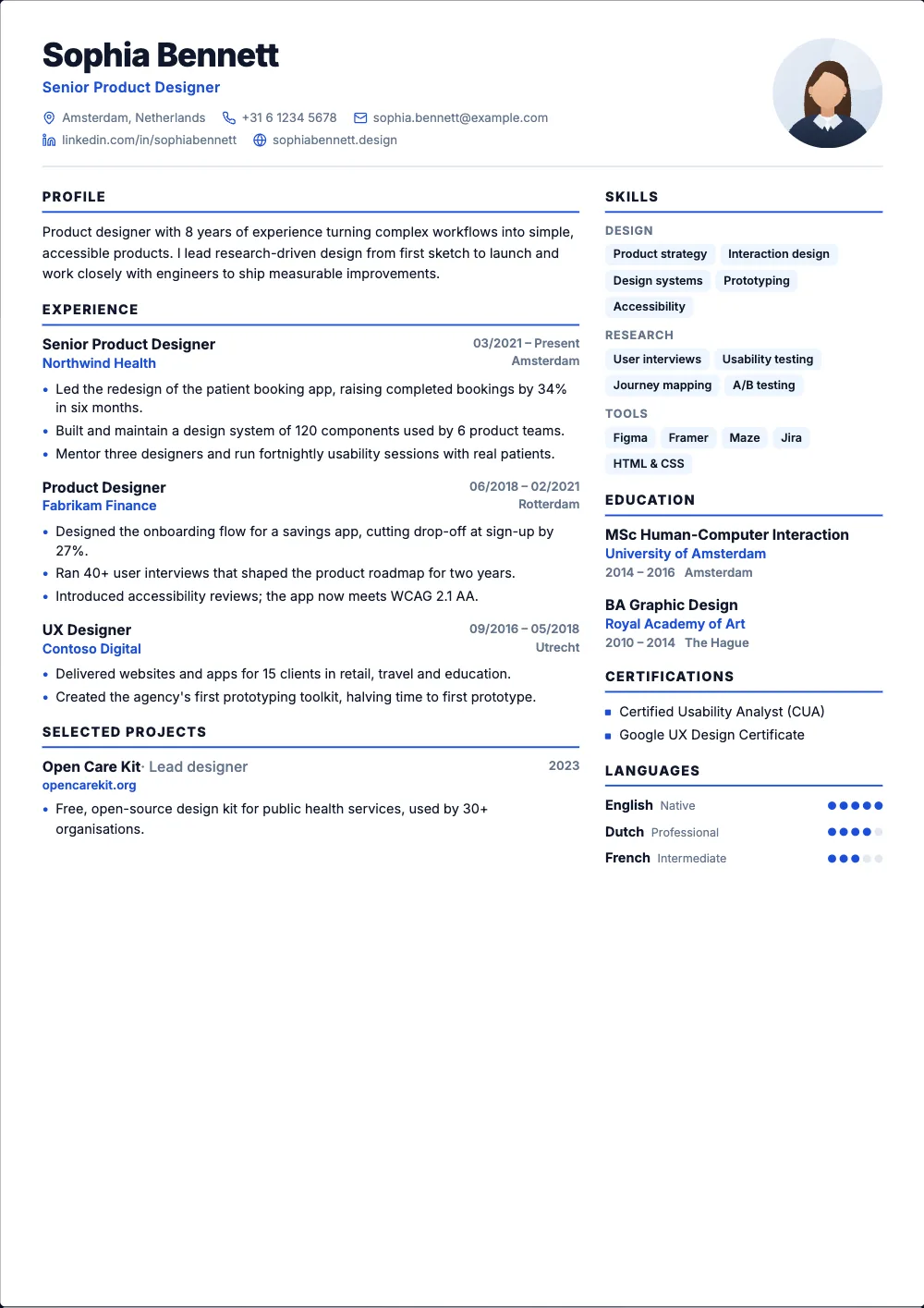 Harbor resume template: A light two-column layout with your photo next to your name.