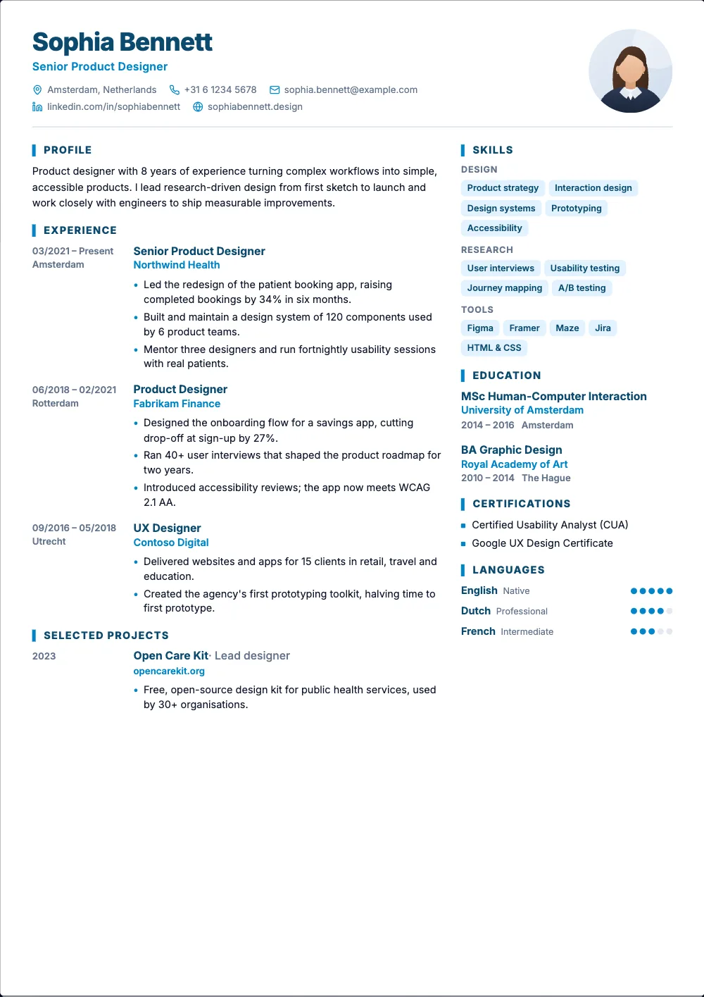 Kernel resume template: Two columns, your photo, and the dates in the margin.