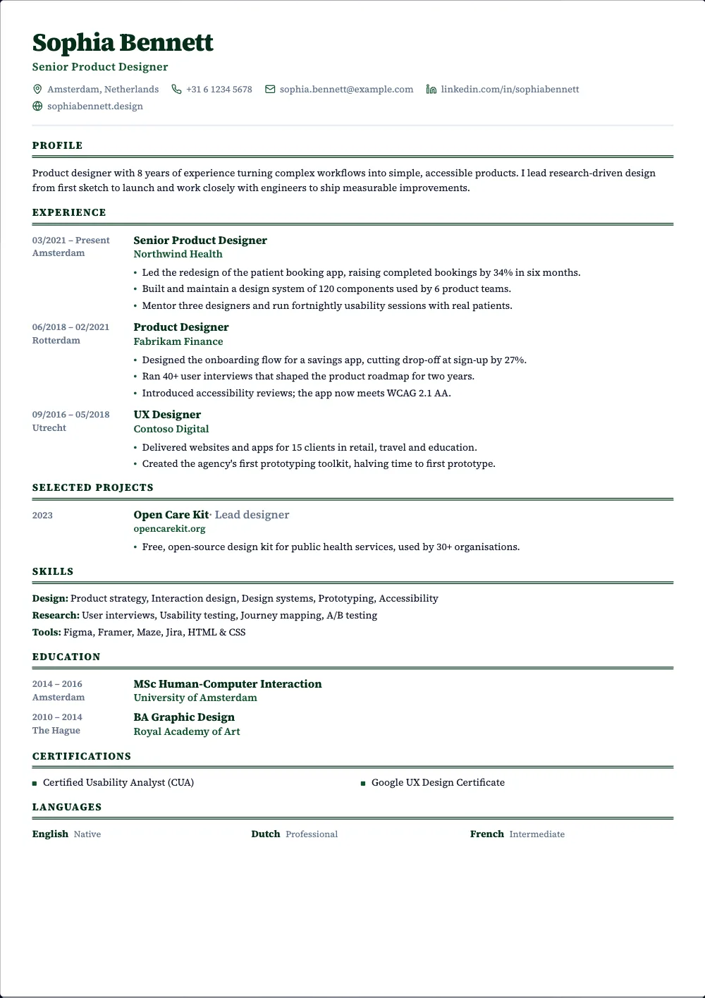 Ledger resume template: A compact serif column with double rules, like a printed CV.