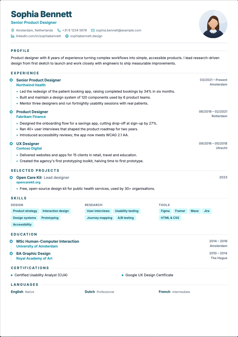 Linea resume template: One airy column, your photo, and your jobs on a timeline.