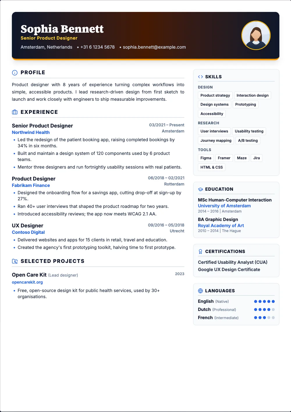 Luxury Executive resume template: A dark header with gold accents and serif headings.