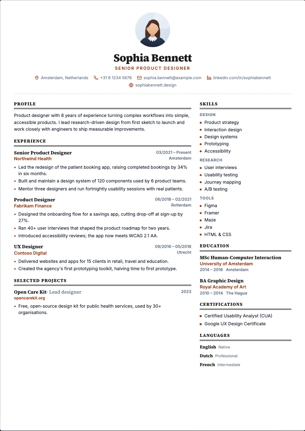 Meridian resume template: A centered header, serif headings and fine double rules.