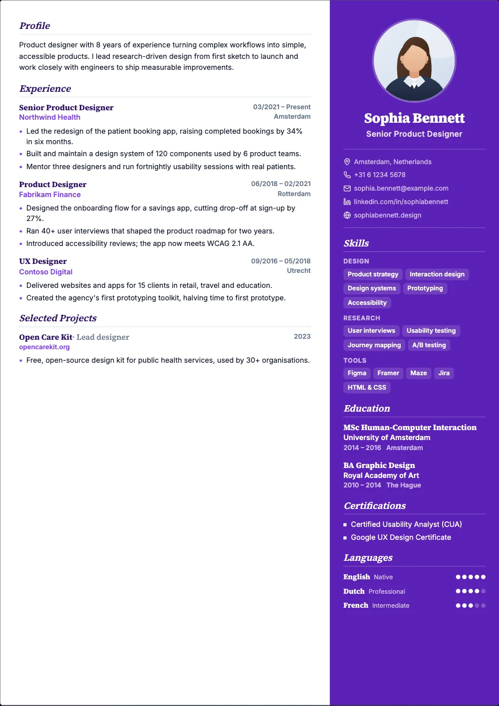 Muse resume template: A colour sidebar on the right with italic serif headings.