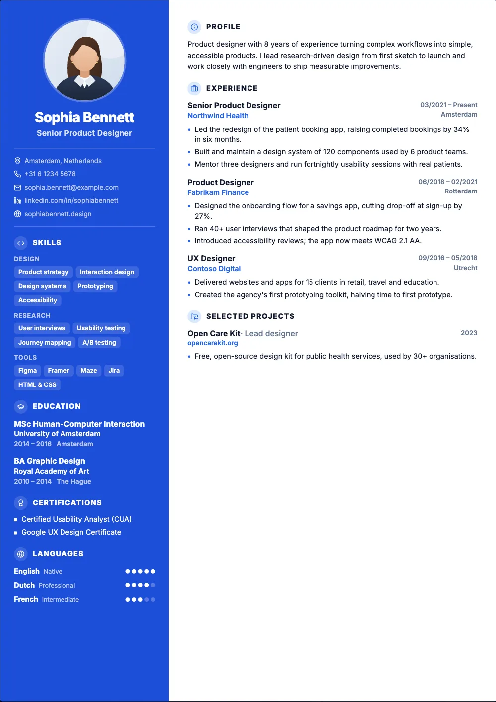 Nova resume template: A bold colour sidebar with your photo and icons for each section.