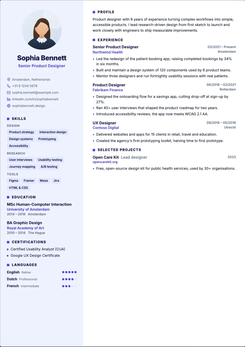 Orbit resume template: A light sidebar with your photo and rating dots for languages.