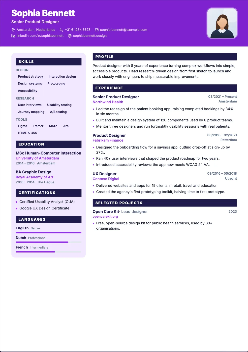 Pixel resume template: A colour banner, a side panel and filled section bars.