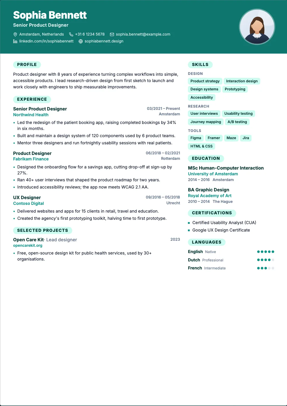 Prism resume template: A colour banner with your photo and rounded section labels.