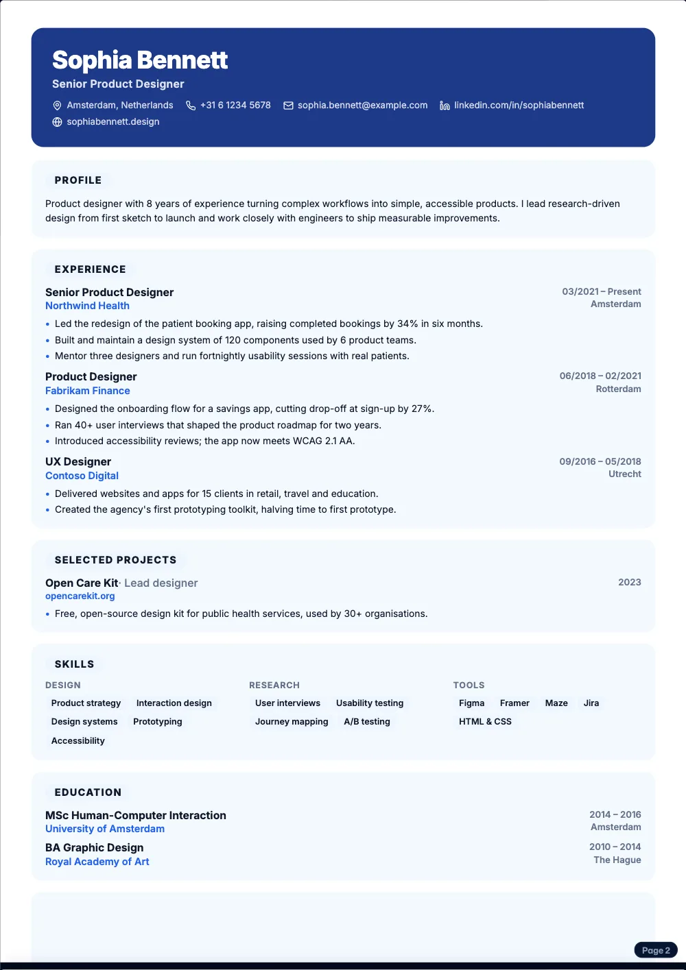 Product Lead resume template: A colour card at the top and your sections on soft cards.