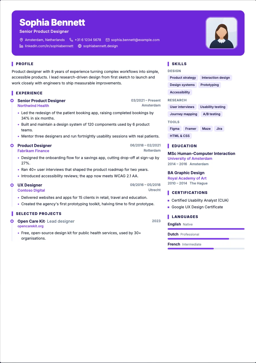 Pulse resume template: A colour card at the top and your jobs on a timeline.