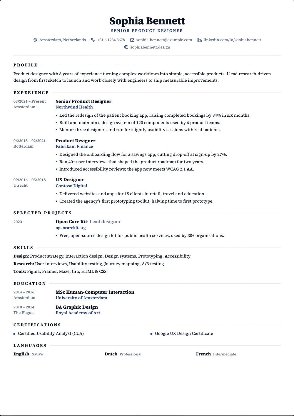 Regent resume template: A centered serif layout with the dates in their own column.