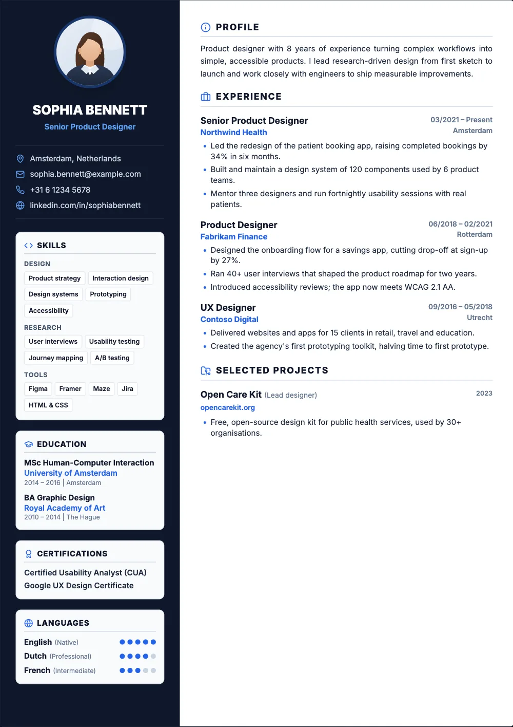 Two-Tone Sidebar resume template: A dark sidebar on the left for your contact details and skills.