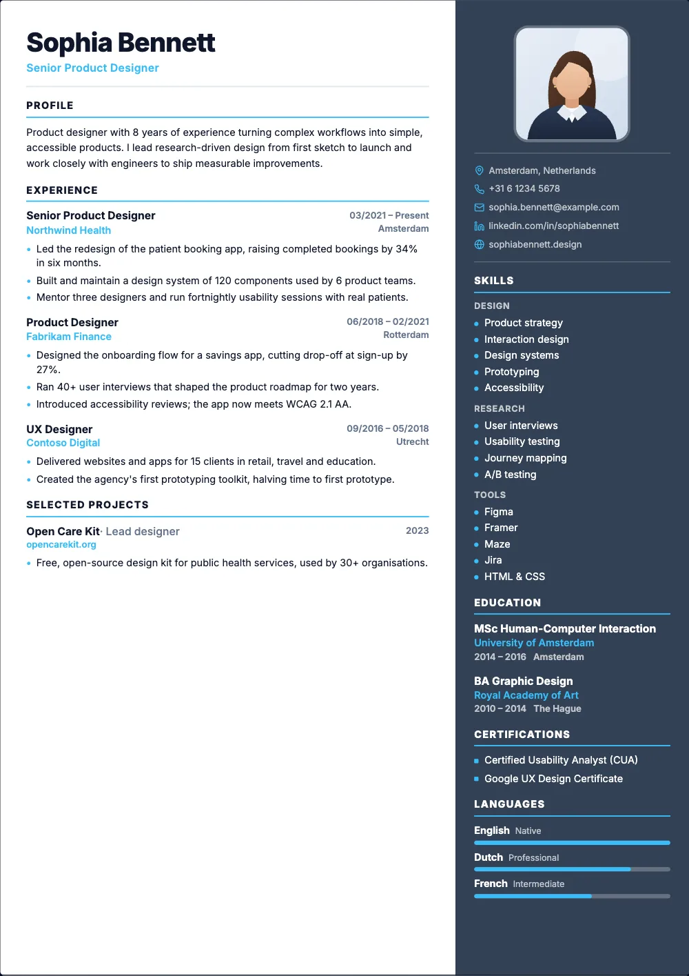 Slate resume template: A dark sidebar on the right with your photo and skill list.