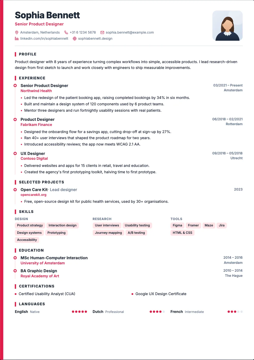 Spark resume template: A colour band down the side and your jobs on a timeline.