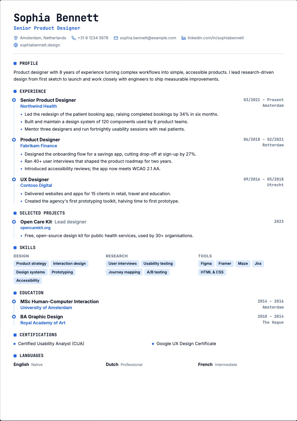 Stack resume template: One column, monospace headings and a timeline.