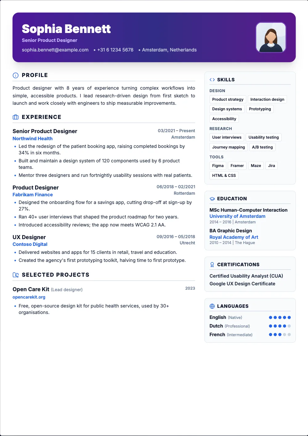 Startup Founder resume template: A bold header that puts your key numbers up top.