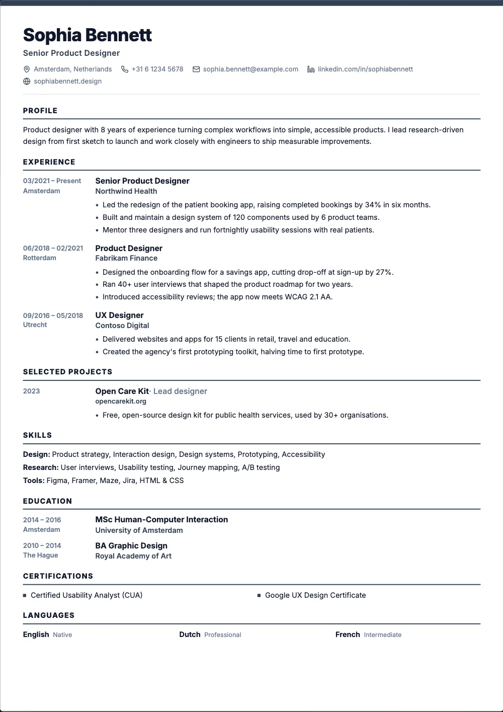 Sterling resume template: One column under a coloured line, with the dates in the margin.