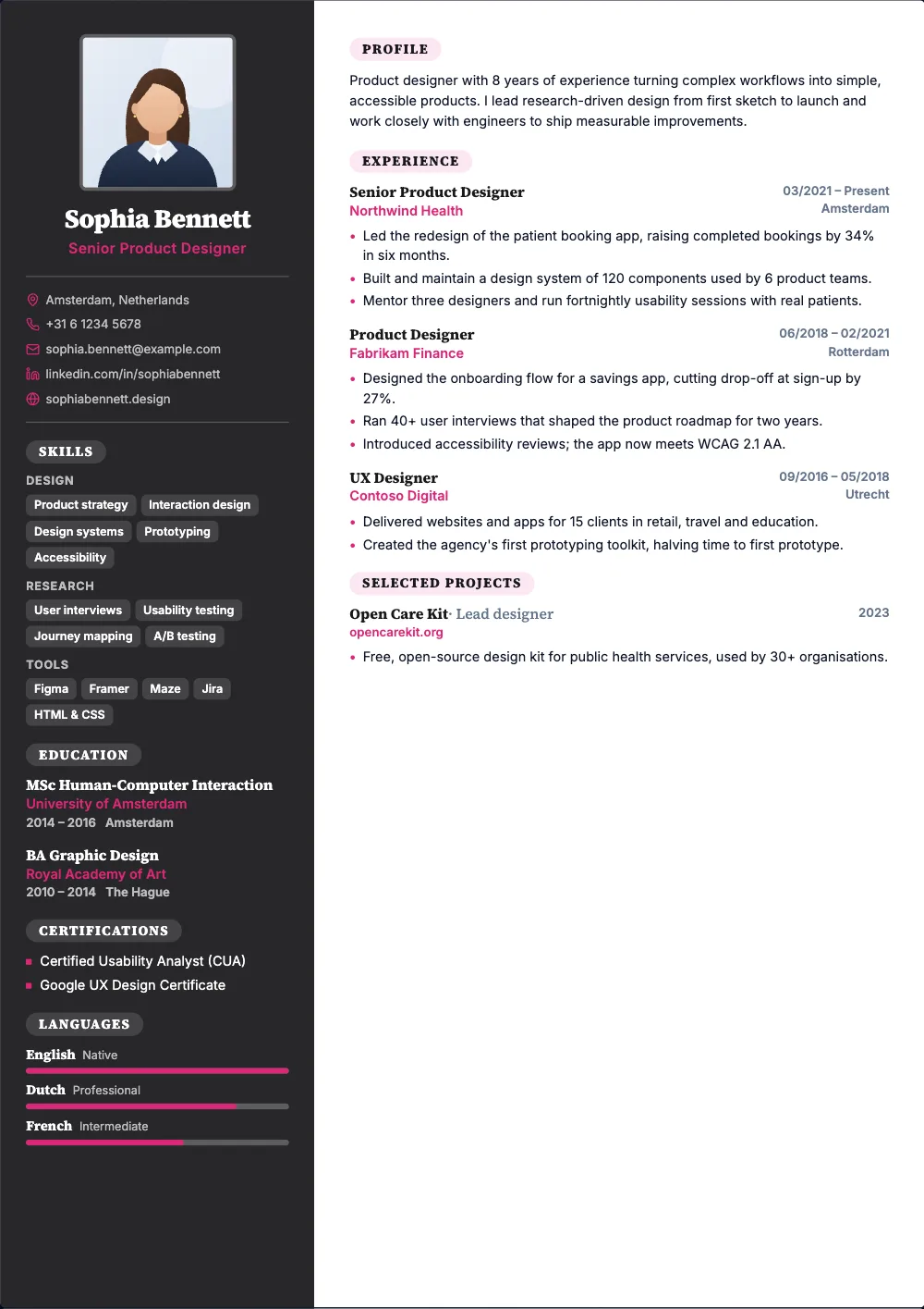 Studio resume template: A charcoal sidebar, a square photo and serif headings.