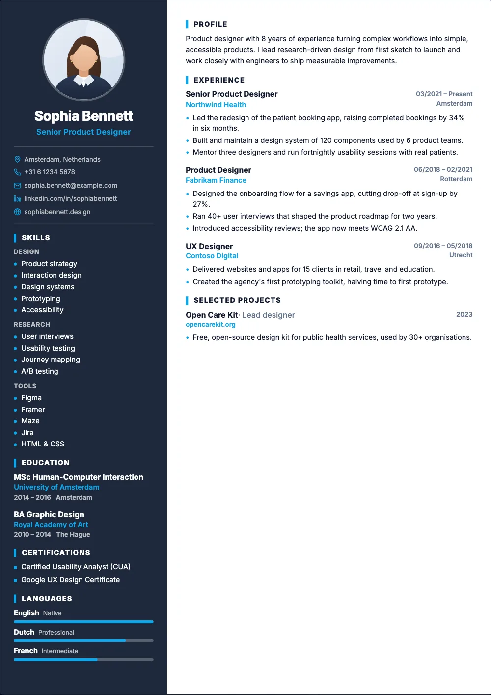 Summit resume template: A dark sidebar with your photo, contact details and skills.