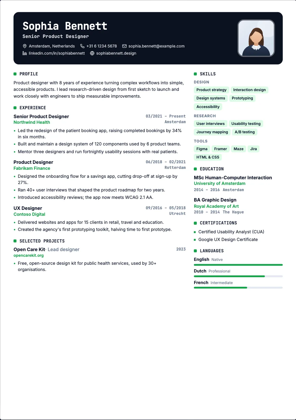Terminal resume template: A dark card header and monospace headings.